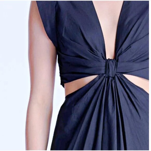 A.L.C. Alexandria Cotton Knotted Front Cut Out Waist Midi Dress Navy $495 - Picture 3 of 9